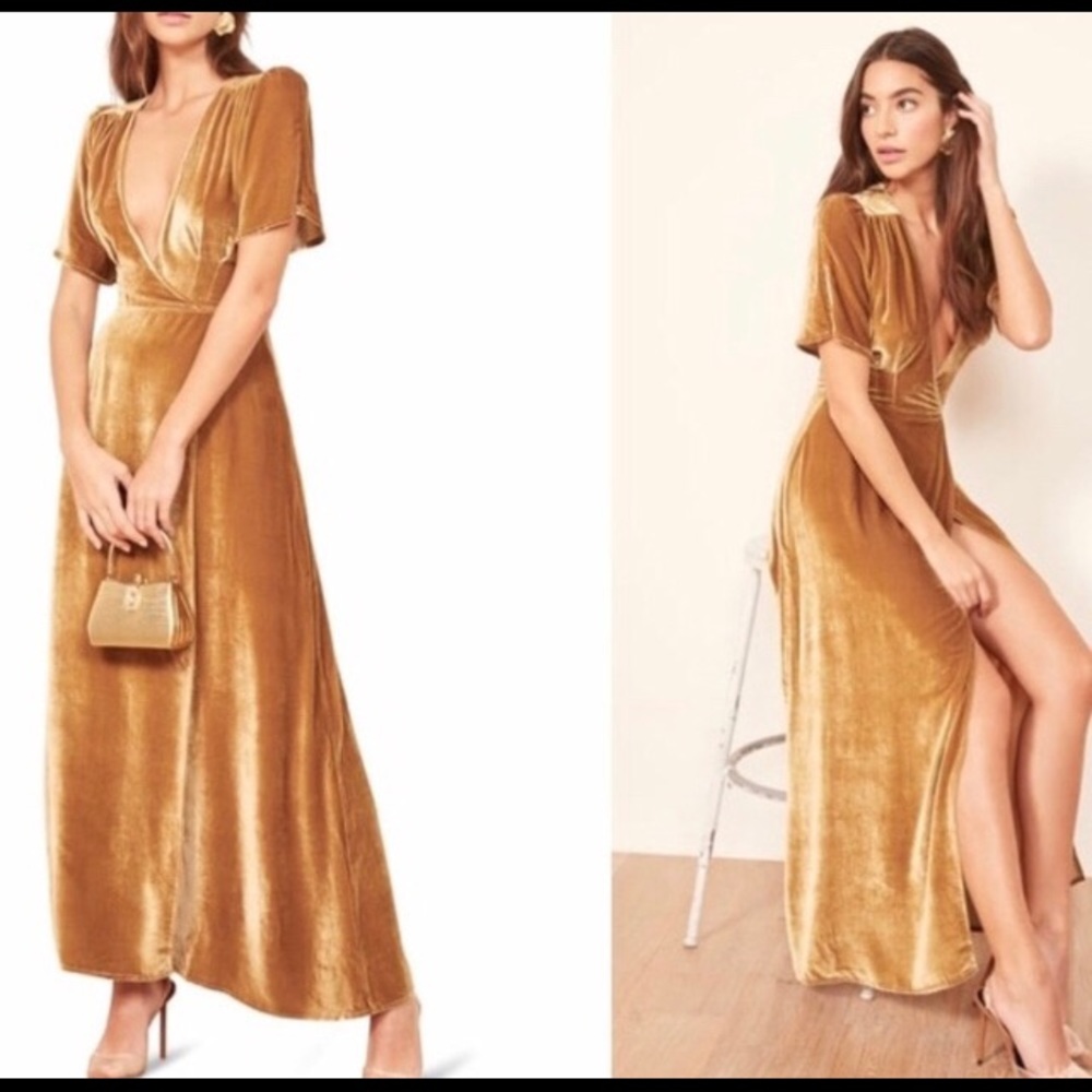 Gold velvet Reformation dress